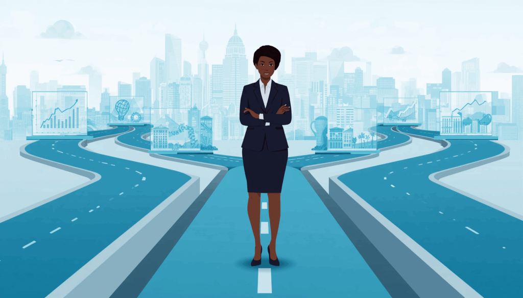 Black woman, corporate buildings, pathways