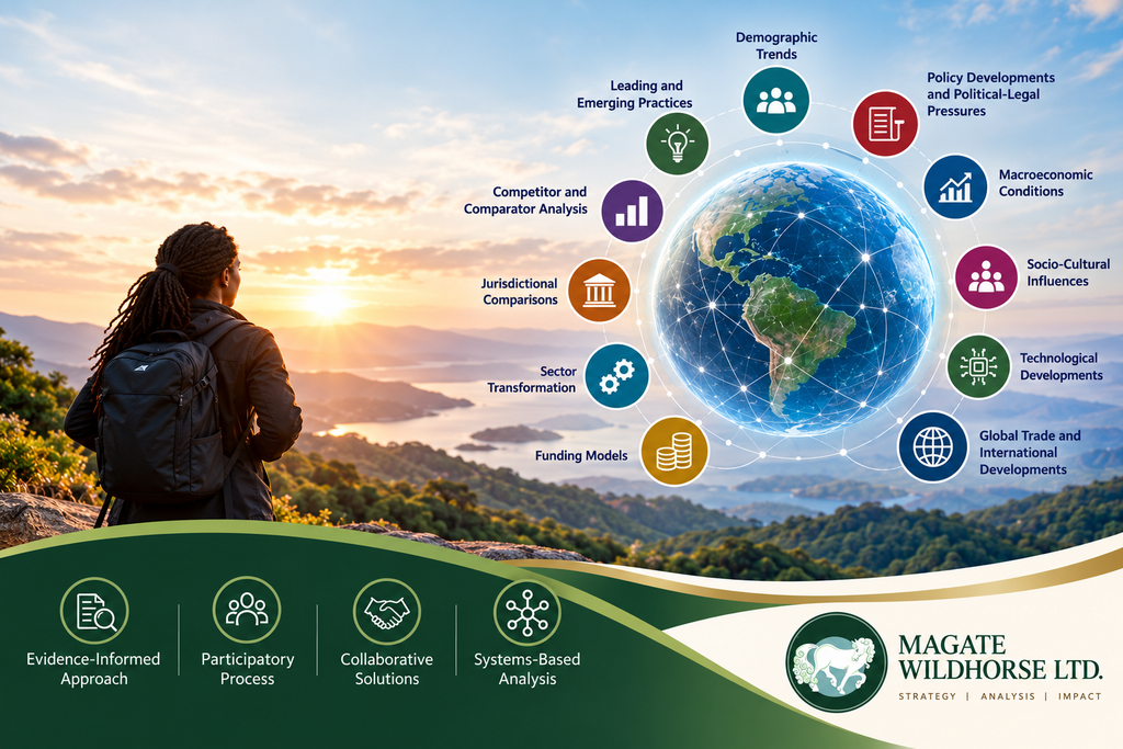 Woman with backpack on.  Globe with icons surrounding it  Magate logo - white horse on green moss agate stone pillow in bottom right and three icons in bottom left