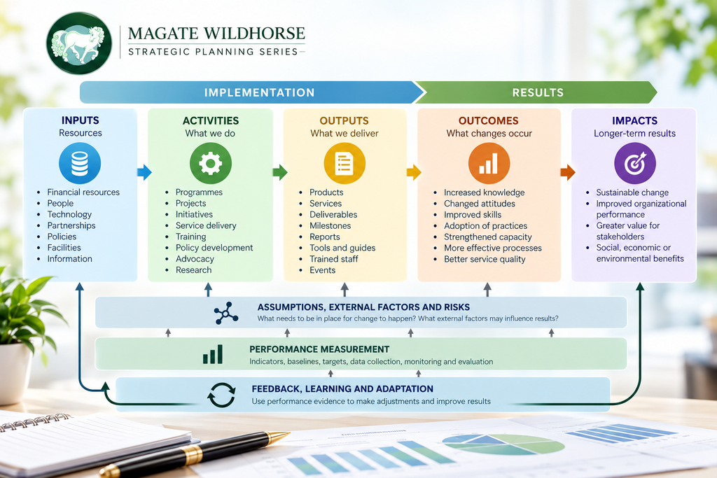 Magate Logo, white horse on green moss agate stone. Logic model illustrating implementation to results, plants