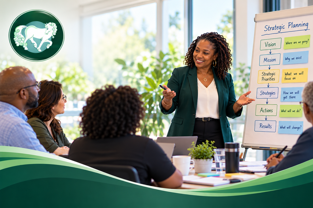 Magate logo - white horse on green moss agate stone. A black man, a white woman, a missed woman and a white man in a strategic planning session led by a black woman facilitator with a strategic planning flowchart on a flipchart stand.