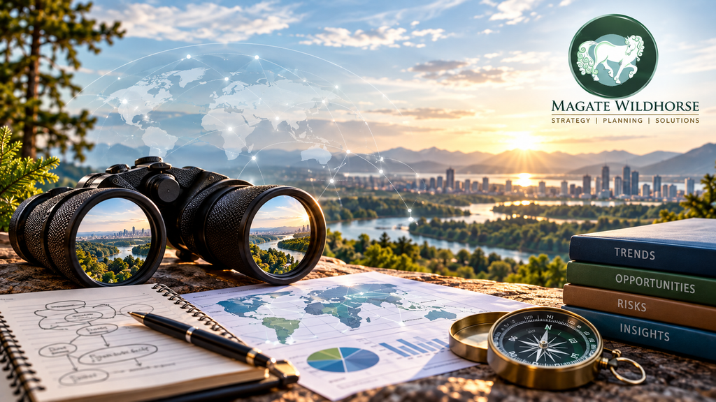 Magate Wildhorse logo, horse on green stone. Binoculars, decision tree, map, compass, books labelled trends, opportunities, risks, insight, tree and skies reflecting world map and sunshine, buildings in the distance.