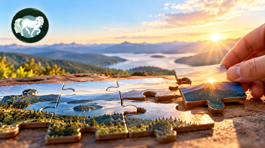 Magate Wildhorse logo, landscape with Fall coloured green and yellow green shrubs, distant background with sunshine and up close puzzle pieces of landscape with a hand holding one puzzle piece.