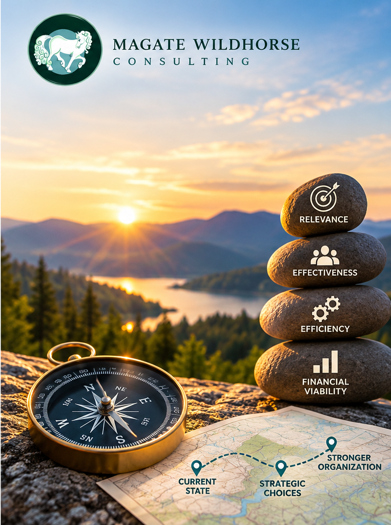 Magate Wildhorse logo, white horse on green moss agate stone. mountains and sunshine in the background, trees, rocks with the words, relevance, effectiveness, efficiency, financial viability stacked in the foreground with a compass and a map with current state, strategic choice and stronger organization mapped.